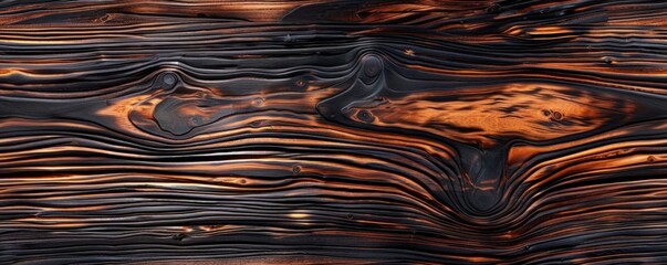 Wall Mural - Close-up of charred wood texture with rich grains and dark, burnt patterns. Ideal for backgrounds, design, and artistic visual inspiration.