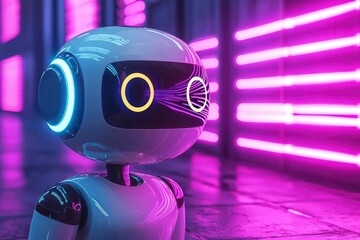 A white humanoid robot with glowing blue and yellow lights in a neon purple room