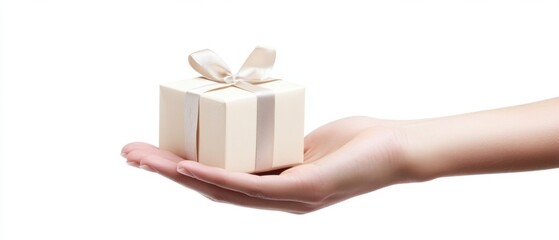 Detailed hand offering a gift box isolated on bright white background intricate details soft shadows professional quality