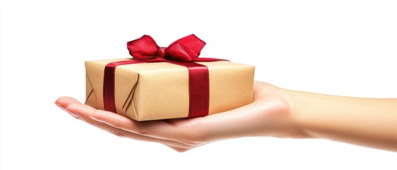 Detailed hand offering a gift box isolated on bright white background intricate details soft shadows professional quality