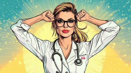 Wall Mural - pop art illustration of female doctor showing strength motivational medical poster