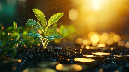 Green Sprout Growing from Stacked Gold Coins Symbolizing Sustainable Wealth Management and Growth, Illuminated by Sunlight Reflecting Eco-friendly Financial Prosperity