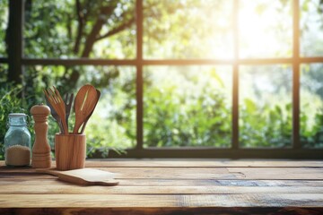 Kitchen wooden utensils and tool on wooden table top and blurred green garden outside the window background. with generative ai