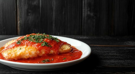 Delicious breaded fish fillet with red sauce,  tomato sauce, and herbs.