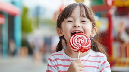 A kid excitedly licking a giant lollipop at a fun summer carnival.