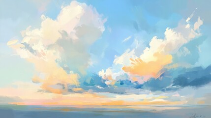 Neutral tones and heavy brushstrokes in an oil painting of a blue sky with colorful cloud highlights, reminiscent of a vintage aesthetic.