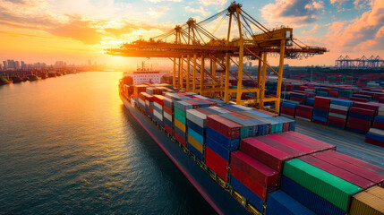 Wall Mural - Container ship carrying container boxes import export dock with quay crane. Business commercial trade global cargo freight shipping logistic and transportation worldwide oversea concept. Generative AI