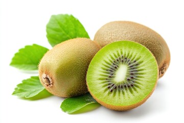 Kiwi fruit (kiwifruit) with green leaf isolated on white background with generative ai