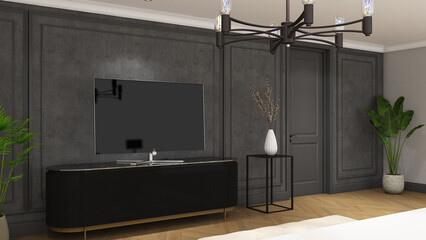 Wall Mural - 3d render of interior design modern classic bedroom with  tv credenza. Wood parquet floor, gray wallpaper panel and white ceiling. Set 32