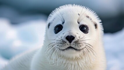 A close-up portrait of a white baby seal with black eyes and a wet nose, looking directly at the camera.