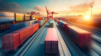 Wall Mural - Dynamic Transportation Hub with Airplane Overhead and Cargo Containers on Railway Tracks at Sunset