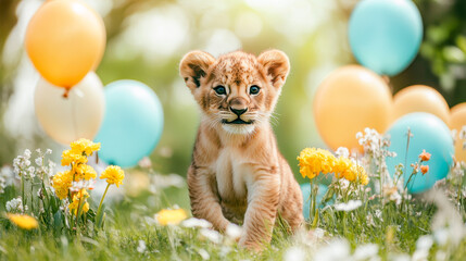 Picture of happy lion cubs playing in a park during World Dog Day celebrations. With a colorful background of balloons and Text copy area, sharp focus and clear light, high contrast, no