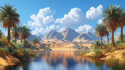 Wall Mural - Serene desert landscape with mountains, palm trees, and water reflection.