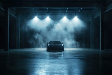 Wall Mural - Front view dark smokey garage interior with spotlight and concrete floor, car background and empty stage concept.  with generative ai