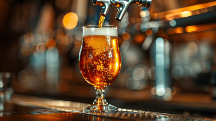 glamour shot, medium shot, beer pouring into a clear glass on bar background