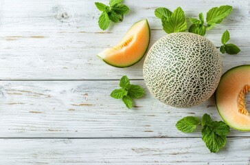 Sticker - Cantaloupe Melon and Mint Leaves on a White Wooden Background