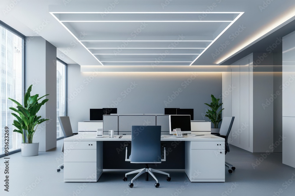 Modern smart office layout featuring automated workstations, voice ...
