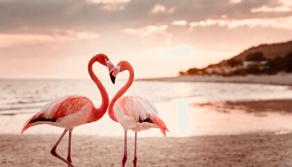 Romantic couple of flamingos on the lake at sunset.
