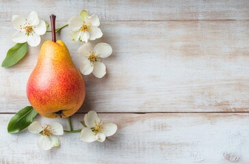 Canvas Print - Pear with White Flowers on Wooden Background