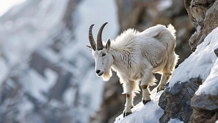 A majestic mountain goat stands on a rocky cliff, facing the camera, with a snowy mountain backdrop.