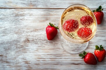 Canvas Print - Champagne and Strawberries on White Wood Table