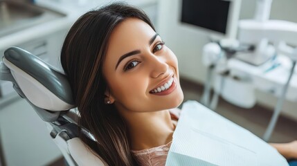 radiant woman in dental chair genuine smile modern clinic environment