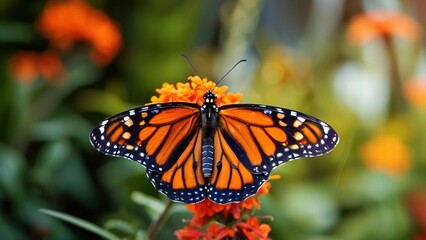 Wall Mural - A monarch butterfly with its wings open sits on a blooming orange flower with green and orange blurred background.