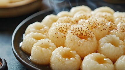 Chewy Korean rice cakes, close-up, with text background on traditional celebrations