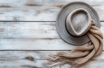 Hat and Scarf on Rustic Wooden Background