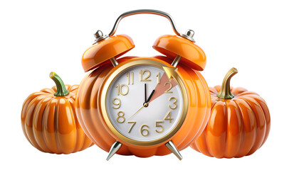 Wall Mural - Daylight Saving Time Ends. Fall Back Guide. Pumpkin clocks showing turning arrow back one hour. Composition with alarm clock and pumpkins, isolated on transparent white background, png element