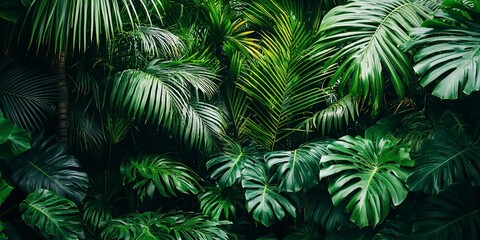 Green tropical palm trees with lush foliage growing in tropical garden 