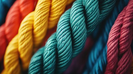 Close-up of colorful ropes twisted together.