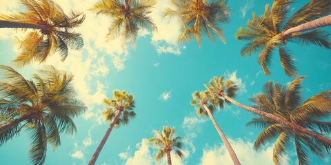 Canvas Print - A blue sky and palm trees panorama from below, as seen from the ground, tropical travel banner with a vintage style.fef