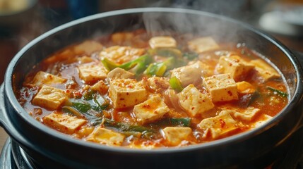 Hot bubbling pot of Sundubu Jjigae tofu stew, close-up, with text background on Korean comfort food