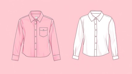 Minimalistic Line Art Vector of Bright Pink Shirts and White Blouse on Pale Pink Background