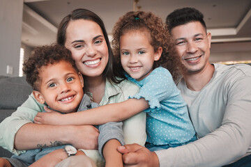 Poster - Happy family, support and hug portrait in home, trust connection and together for bonding. Mother and father, embrace kids and parents in Argentina, relax and care for relationship security.