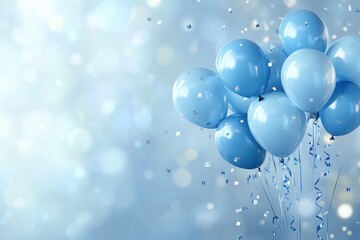 Wallpaper with lots of 3d blue realistic glossy balloons and confetti on blurred background with blank space for greeting text. with generative ai