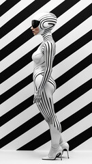 A full-length portrait of a cybernetic organism model, a female model in high heels stands against a background of alternating black and white stripes