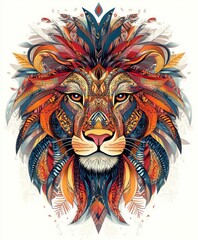 Canvas Print - A colorful, artistic representation of a lion's face surrounded by vibrant patterns and textures.