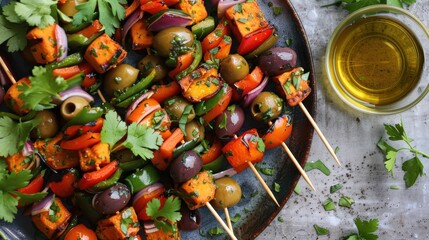 A plate featuring skewered vegetables with olives on the skewers.