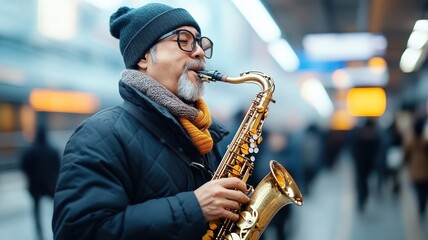 Asian men performing a saxophone solo in a busy subway station, captivating commuters with their sound.