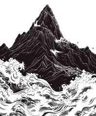 Poster - A dramatic mountain scene with powerful waves crashing at its base, conveying nature's force.