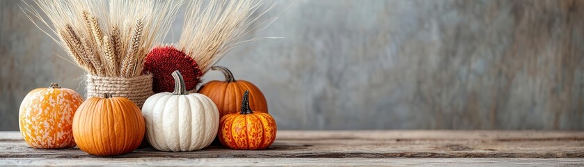 Poster - Autumn harvest pumpkins and wheat on rustic wooden table.