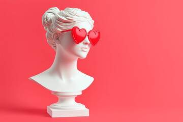 greek ancient female statue in red heart shaped glasses isolated red background