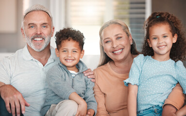 Happy, portrait and grandparents with children on sofa in home for family, connection and bonding. Love, siblings and senior people with kids for relax in living room with security and care in house.