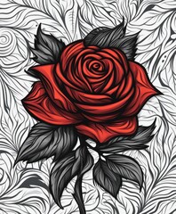 Wall Mural - A detailed illustration of a red rose surrounded by intricate black and white patterns.