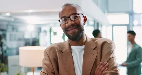 Wall Mural - Business, man and smile with arms crossed in office for career pride, startup confidence and laughing. Creative media agency, African employee and happy with portrait at professional coworking job