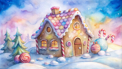 Whimsical gingerbread house with colorful candy decorations in a wintry landscape