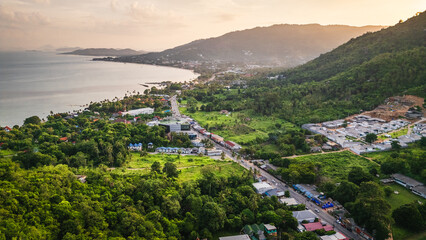 Aerial sunset view of Koh Samui island in the gulf of Thailand famous dreamy travel holiday destination in south east asia 