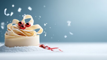 Snow podium with swirling confetti, presenting festive pasta in a crisp, elegant winter scene.